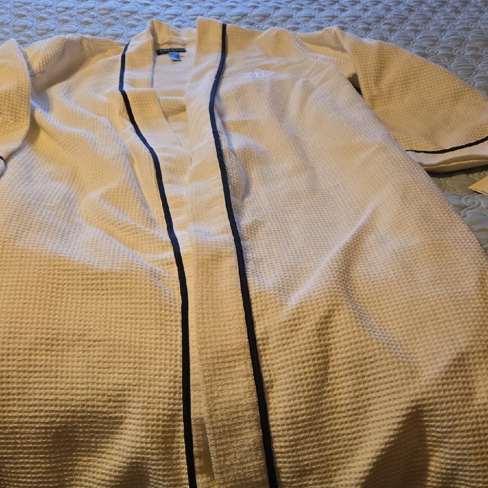 Ralph Lauren White Waffle Knit Robe with Black Trim NWTs